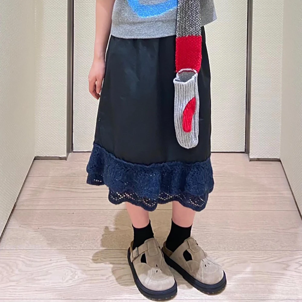Knit Lace-Up Double-Layer Lace-Panel Women's Dress Y2K Bow-Adorned Elegant A-Line Skirt for Commuting Fall 2025 New Arrival
