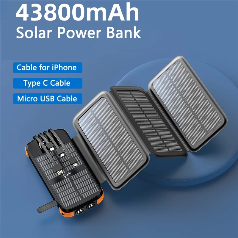 

Solar Power Bank 43800mAh PD 20W Fast Charging Wireless Charger Powerbank for iPhone 16 15 Huawei Xiaomi Mi Poverbank with Cable