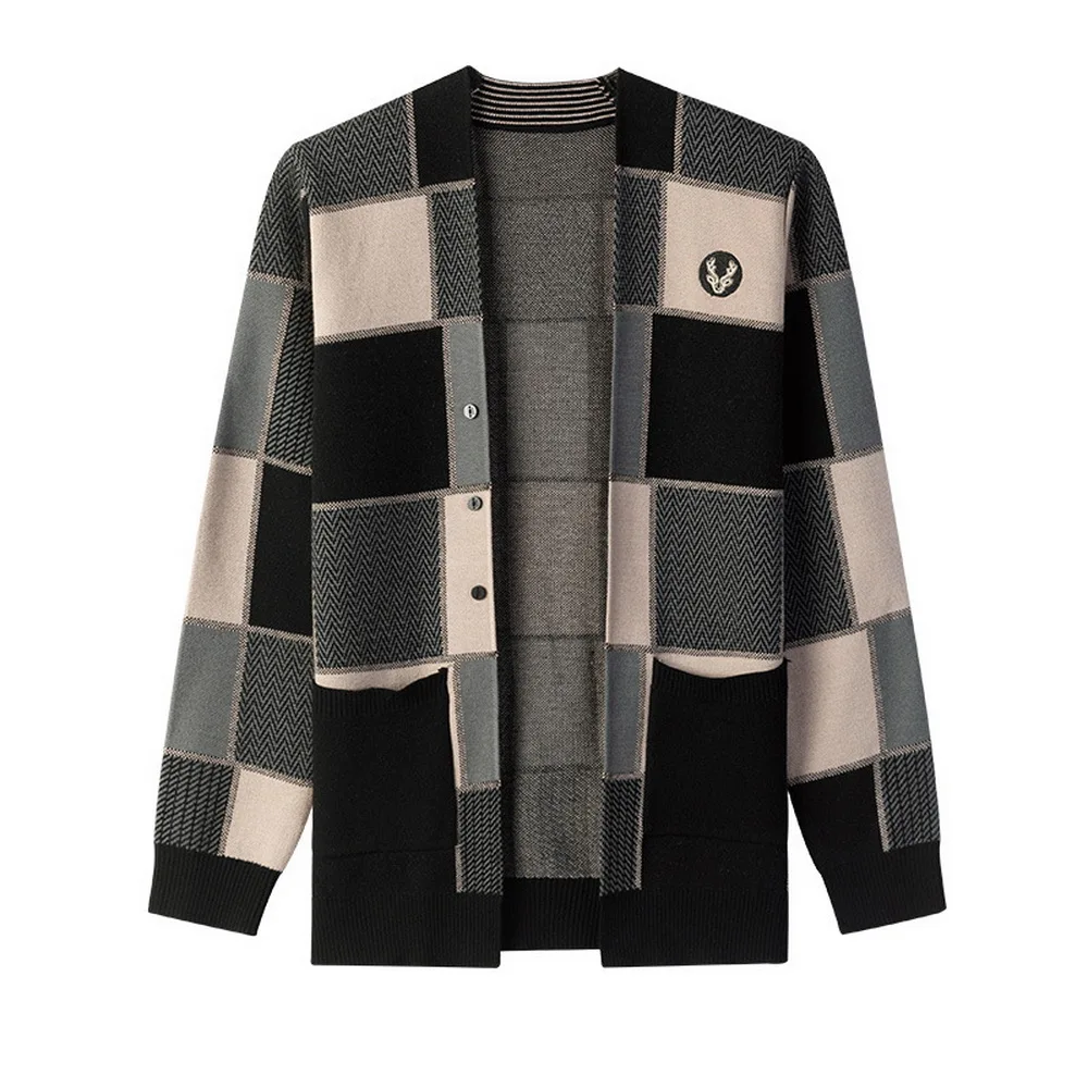 

Knitted cardigan men, casual color blocked sweater men, plus size knitted sweater jacket