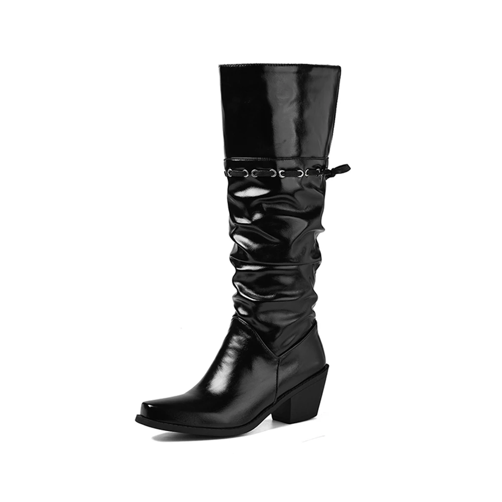 Women Western Knee‑High Boots 6.5cm Block Heel Pleated Tall Boots PU Leather Casual Shoes 34‑43 B-7