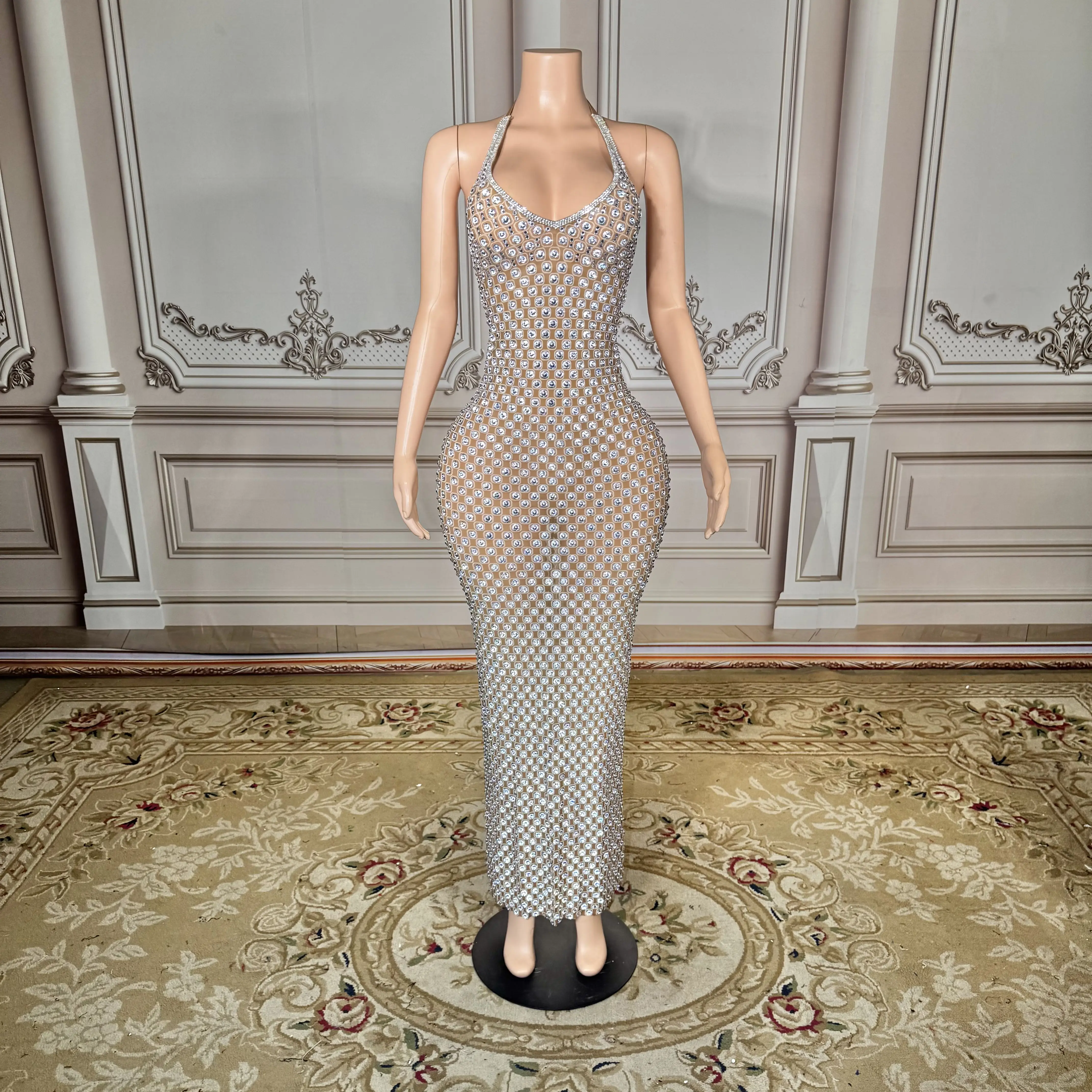 ZD Sexy backless mermaid long dress for party or stage Fitted mesh long dress with blue stone details
