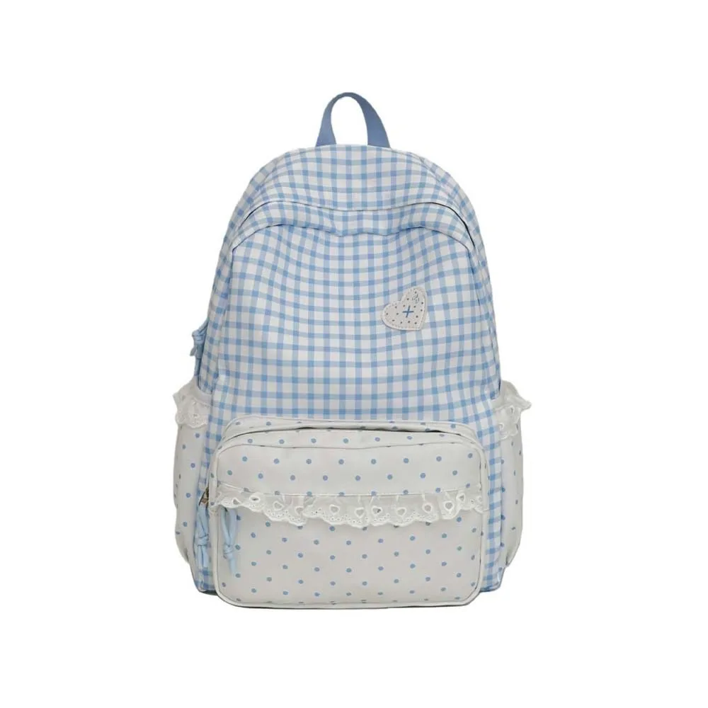 Korean Style Gingham Backpack Pastel Colors Polka Dot Lace Schoolbag Large Capacity Ruffle Design Plaid Daypack Casual Outing