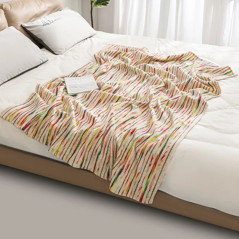 Korean Color Stripe Printing Thread Blanket Soft Colorfast Sofa Knee Blanket for Living Room Multi-Purpose Airplane Travel Shawl