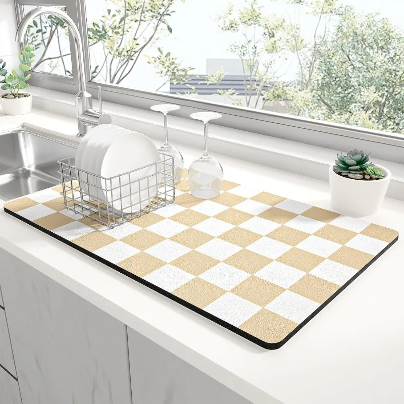 Retro Checkered Kitchen Drying Mat Non-Slip Heat Resistant Countertop Pad Modern Checkerboard Pattern Home Decor Sink Mat