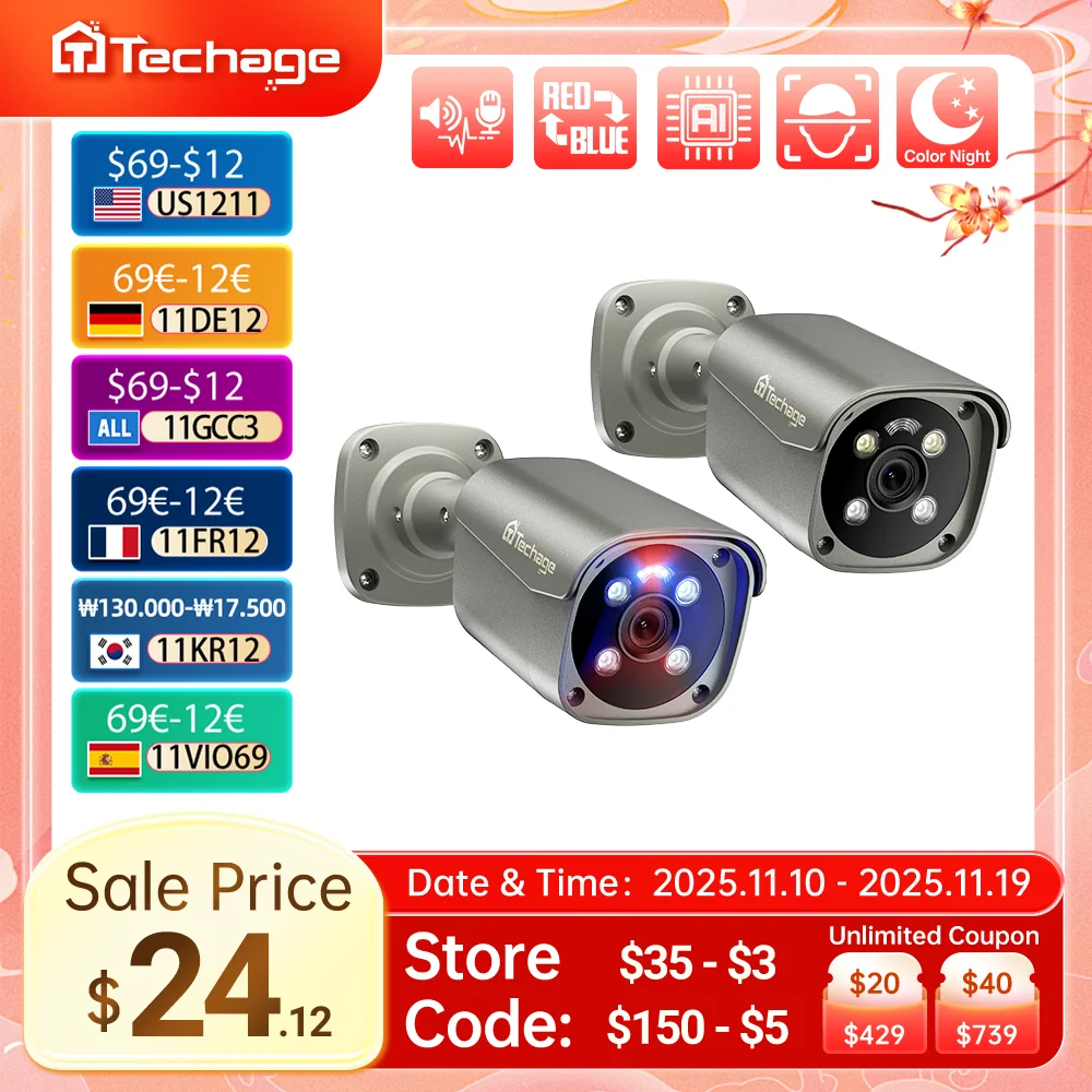 

Techage UHD 5MP 4K 8MP камера безопасности POE Smart AI Человек обнаруживает наружное двустороннее аудио IP камера Color Night