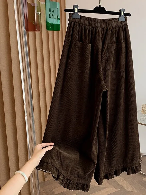 Faionable Corduroy Wide Leg Pants Women's Autumn Winter Loose Casual High Waist Long Trousers with Lace Hemline