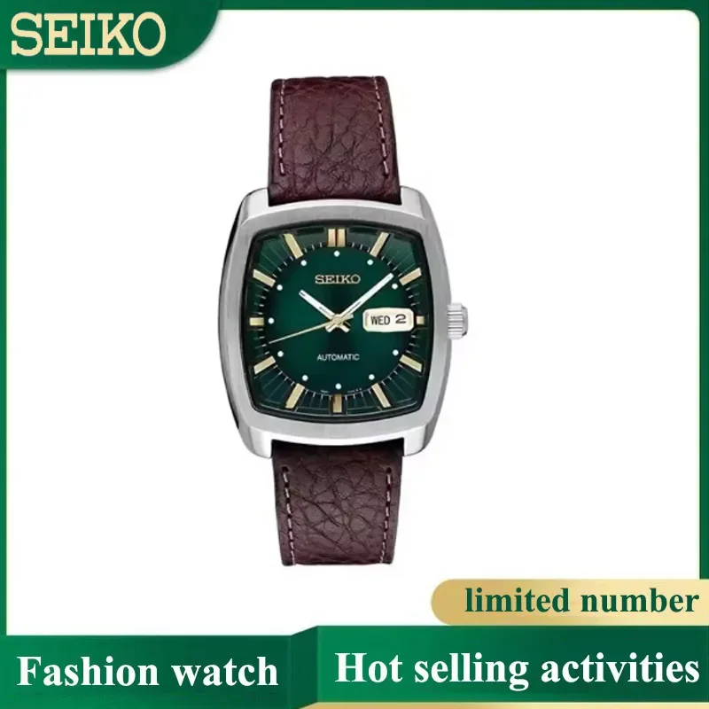 الأصلي Seiko التلقائية الميكانيكية ووتش الرجال عارضة الأزياء صحيح ووتش عالية الجودة برميل النبيذ ووتش حزام الرجعية لوحة خضراء