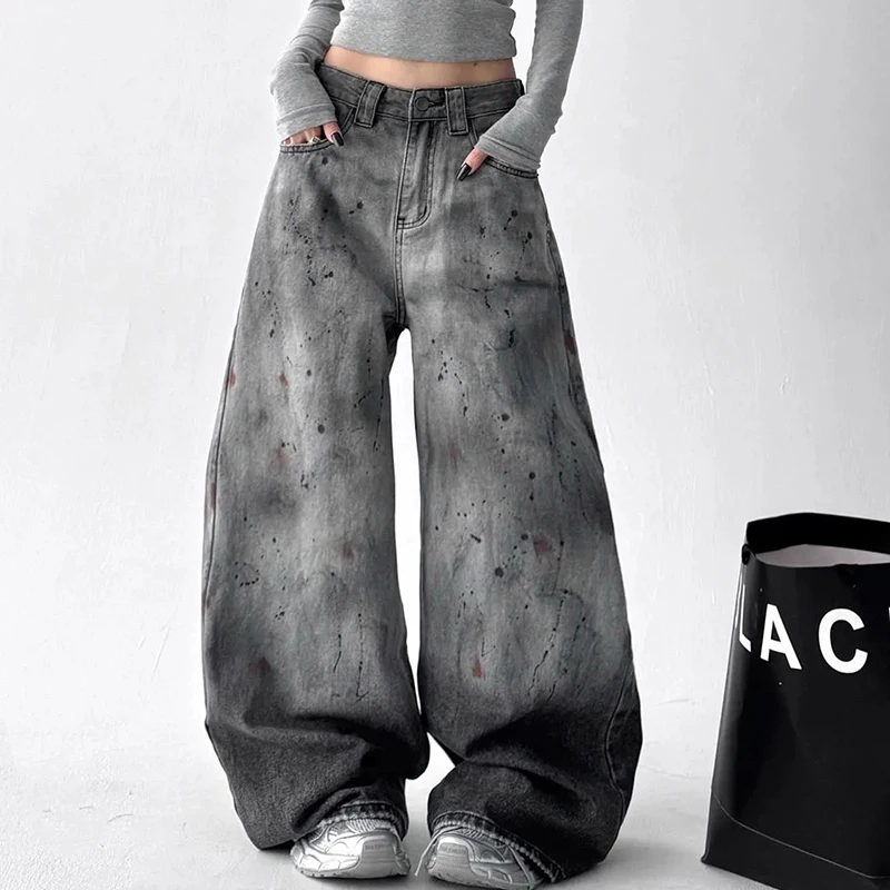 American Vintage Graffiti Jeans Women Street Gothic Splatter Denim Pants Casual Loose Lazy Hiphop Wide Leg Pants Harajuku Y2K