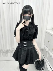 Japanese Mine Kawaii Lolita Skirt Sets Sweet Lace-up Short Sleeve Shirt High Waist Rhinestone Bow Mini Skirt Two Piece Set Women