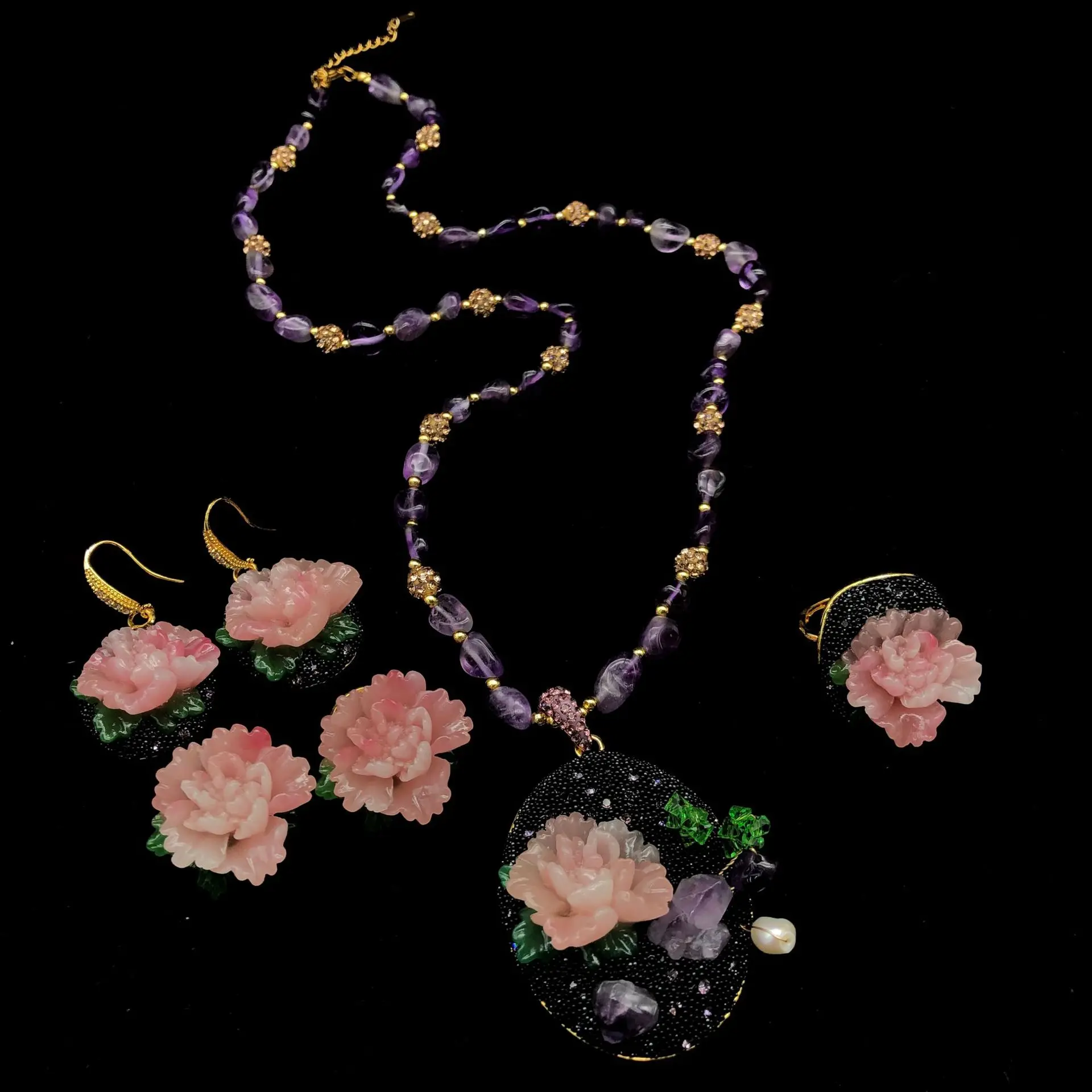 Original design peony flower set, national style necklace, ring, earrings, experts bring goods, popular jewelry manufacturers wh