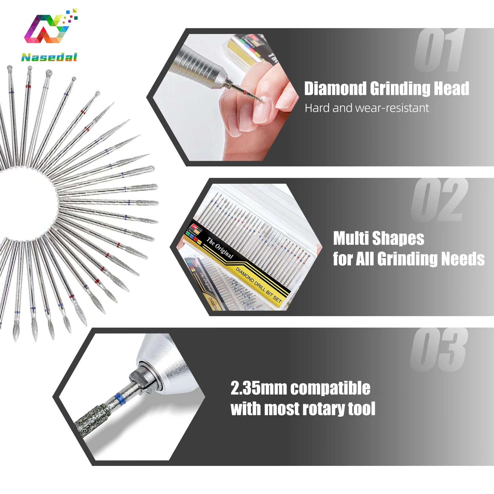 Nasedal 30pcs/Set Diamond Nail Drill Bit Accessories Set for Electric Manicure Tool Cuticle Removal Gel Polish Filing Hobby DIY