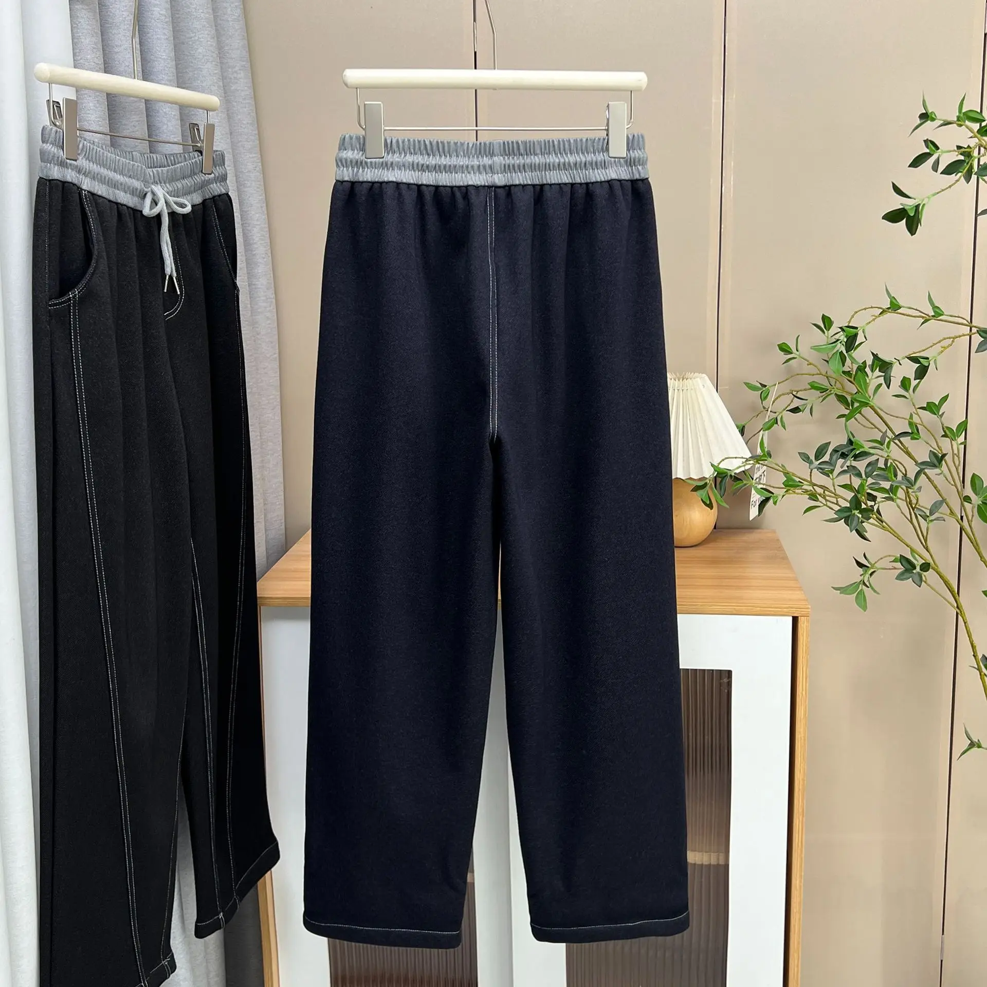 XXXXL موضة حجم كبير المرأة السراويل المستقيمة الشتاء نمط جديد عادية الصوف الدافئة منحني بنطلون 26003