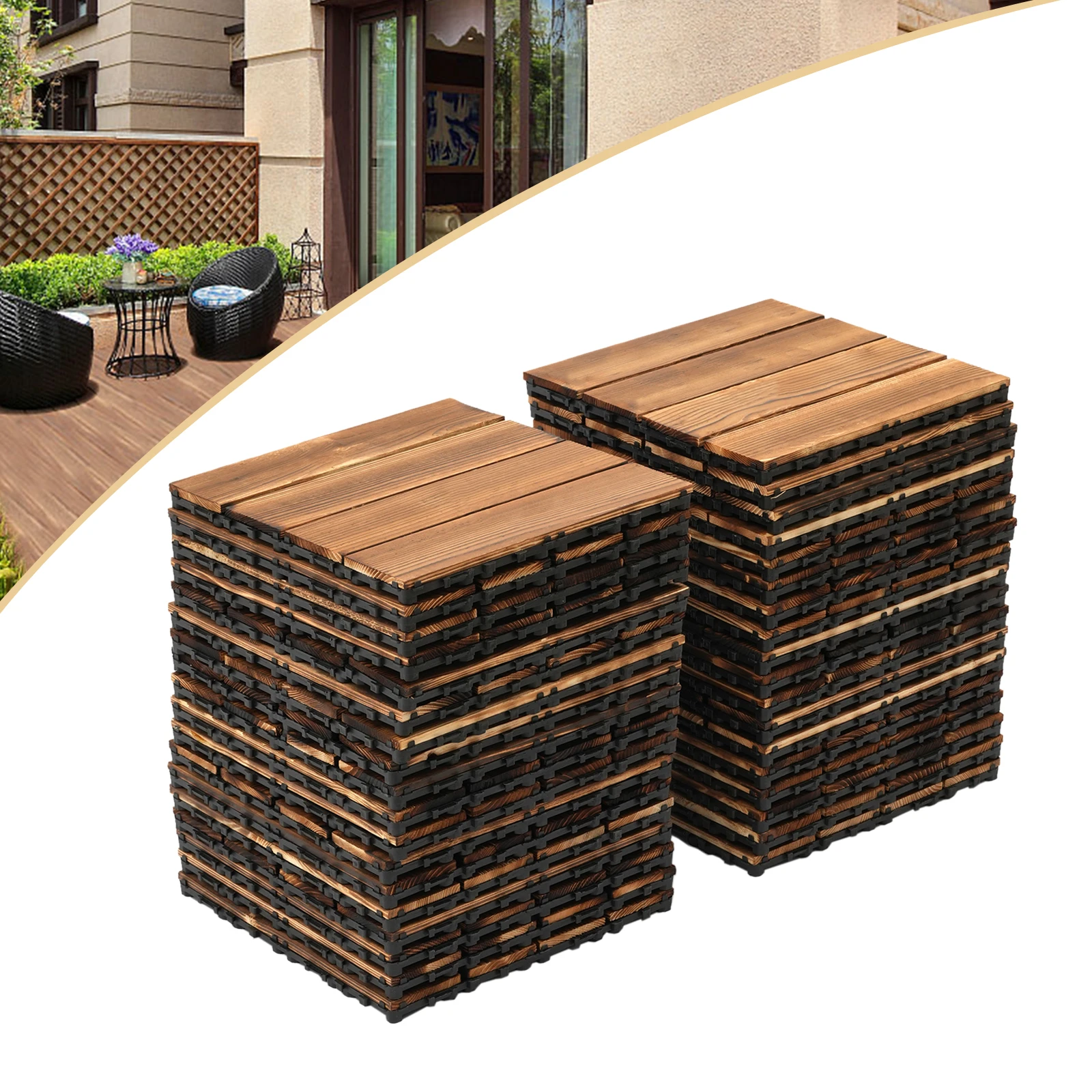 3.24㎡ Outdoor Flooring Tiles Interlocking Wood Deck - 30 x 30cm Square - Waterproof for Patio Backyard - Brown - 36 Pack image 3