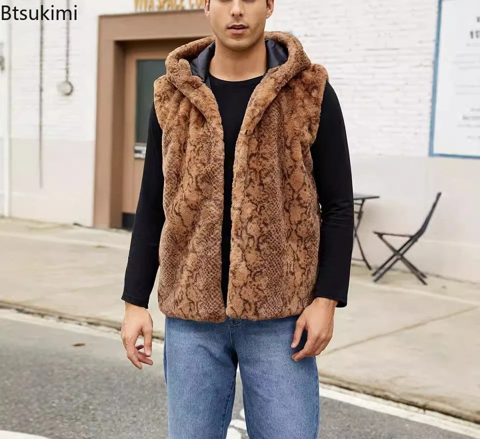 New Men Faux Fur Leopard Print Hooded Vest Sleeveless Waistcoat Plush Warm Thick Casual Streetwear Fuzzy Soft Outerwear for Male