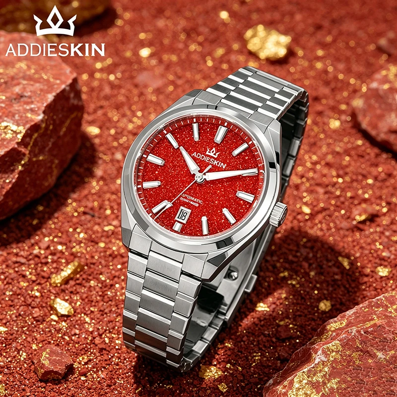 Мужские автоматические часы ADDIESKIN K010 с циферблатом из натурального камня Red Goldstone, светящиеся в темноте BGW9, водонепроницаемые до 200 м, с сапфировым стеклом, механические