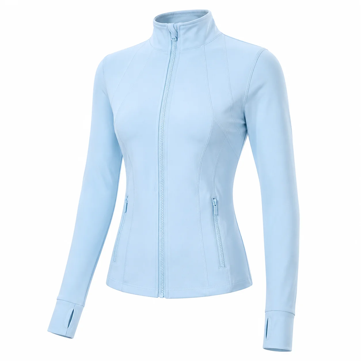Women's Light Sky Blue Slim Fit Full Zip Sports Jacket Stand Collar Long Sleeve Thumbhole Workout Running Yoga Outerwear