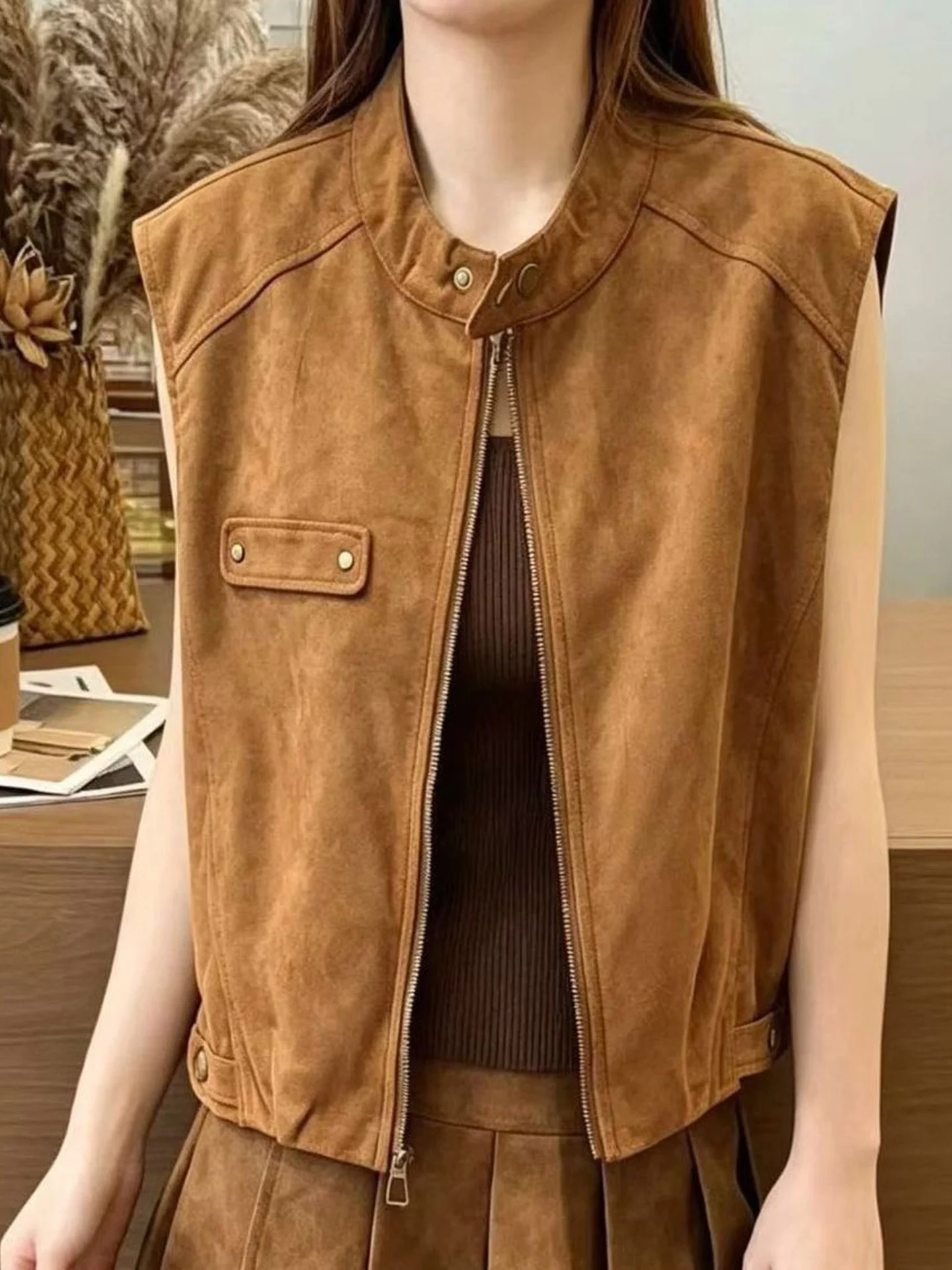 Retro Suede Vest Women's Autumn Winter Short Sleeve Zipper Stand Collar Loose Shoulder Pad Jacket American Style Anti-Wrinkle
