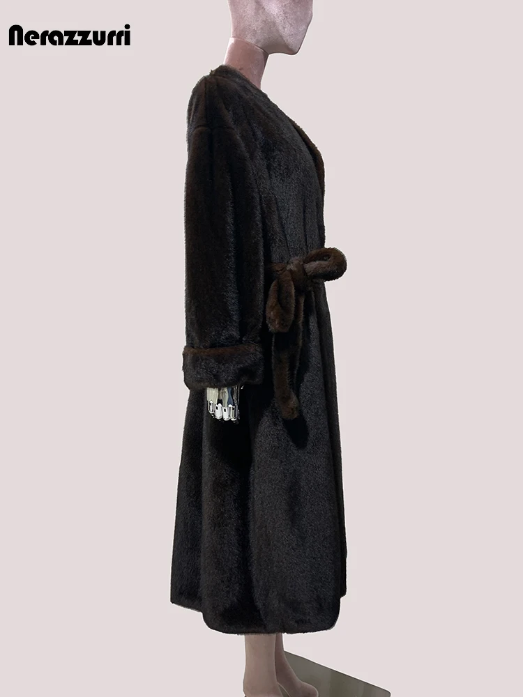 

Nerazzurri Winter Long Brown Retro Luxury Fluffy Soft Flowy Faux Mink Fur Coat Women V Neck Sashes Loose Elegant Furry Overcoat