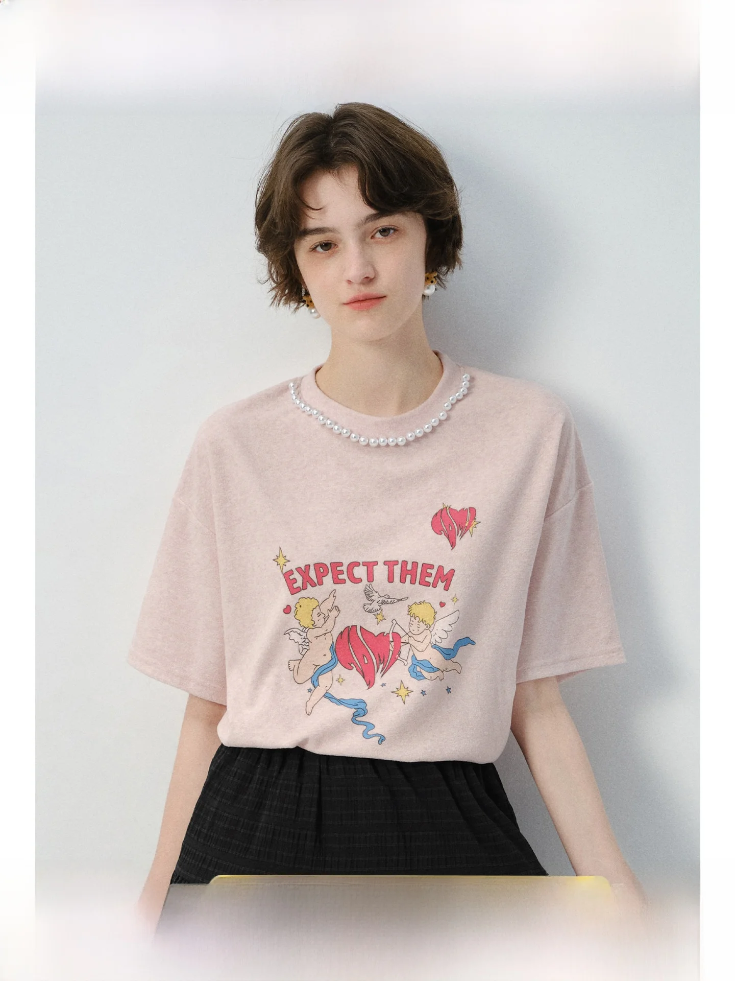 

plus Size Women's Pink T-irt Cupid Loose ort Sve Summer Pearl Button up Top Casual Commute Sle High Waist A-Line Skirt