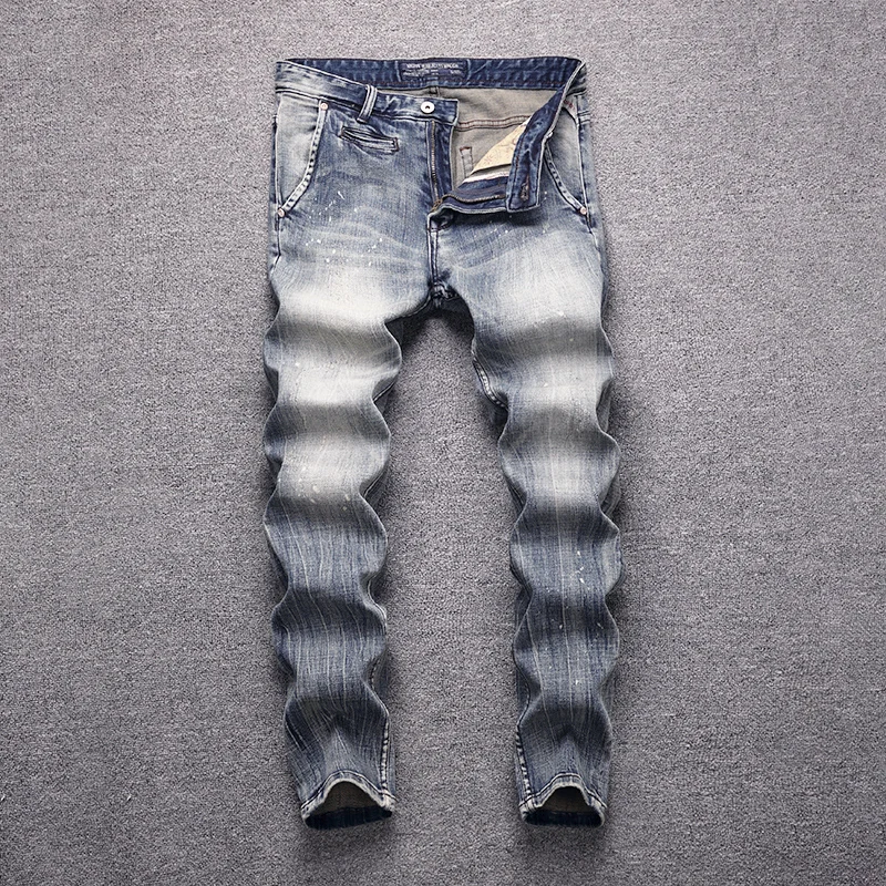 Italian Style Fashion Men Jeans Retro Gray Blue Elastic Slim Fit Ripped Jeans Men Vintage Designer Casual Splashed Denim Pants