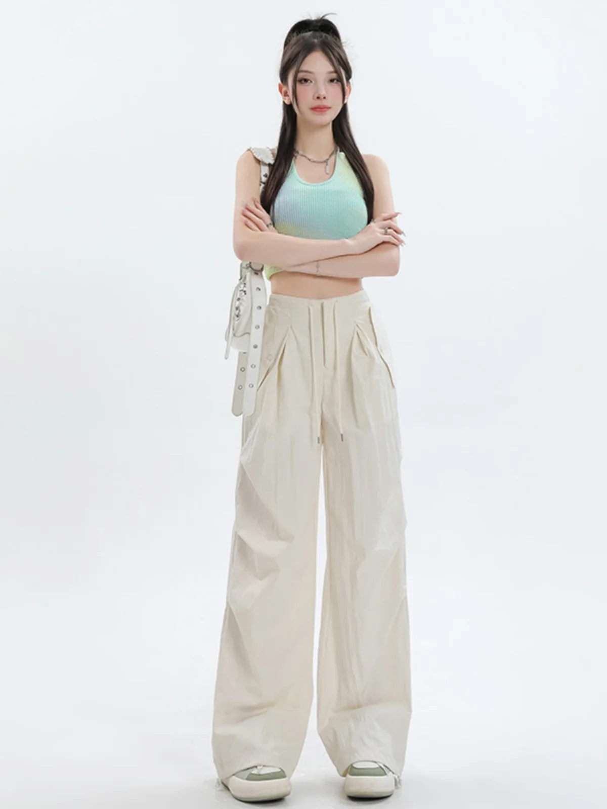 ハイウエスト レディース ワークウェアパンツ クイドライ カジュアル ワイドレッグ 春夏 新デザイン カジュアルパンツ by iji