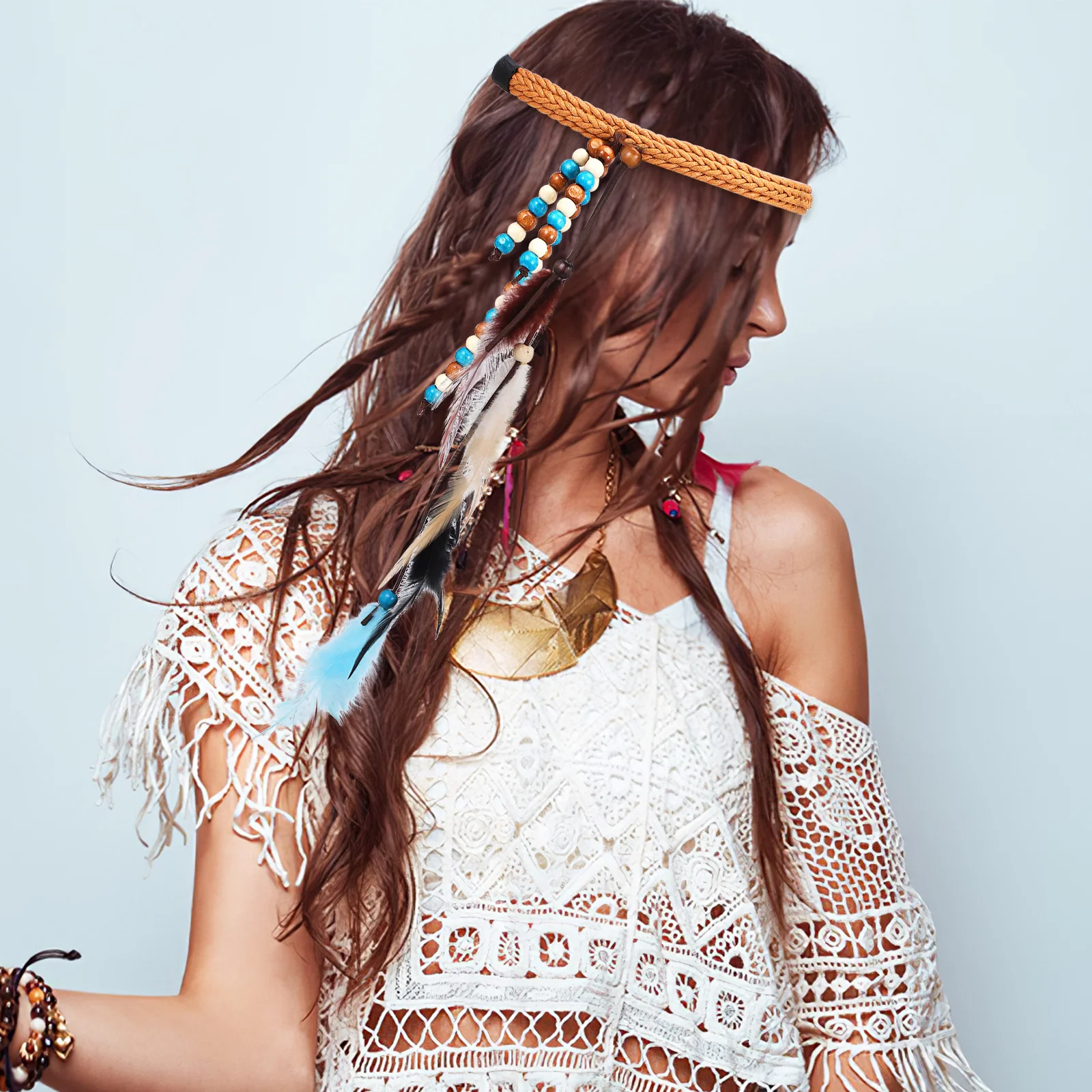 

2 pcs Plume Headband Braided Woven Elastic Women Bohemian Hair Accessories Party Cosplay Decorative Headpiece