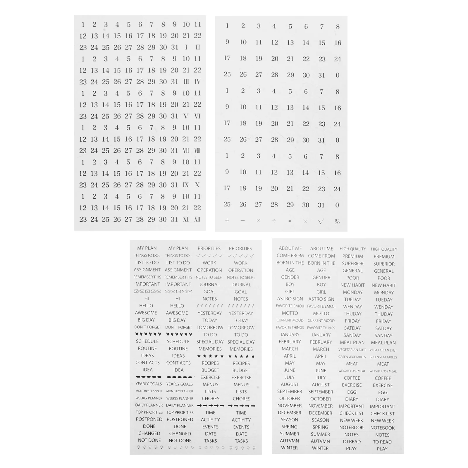 4 hojas de pegatinas para planificador diario, Material de PVC, calidad duradera para diario, álbum de recortes, accesorios DIY, pegatinas para planificador