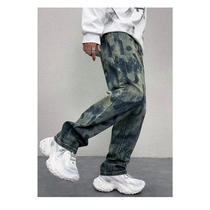 

Y2K Retro2024 Jeans Men's American Style High Street Loose Straight Wide Leg Street Fashion Tie-Dye Printed Denim Cloth Trousers