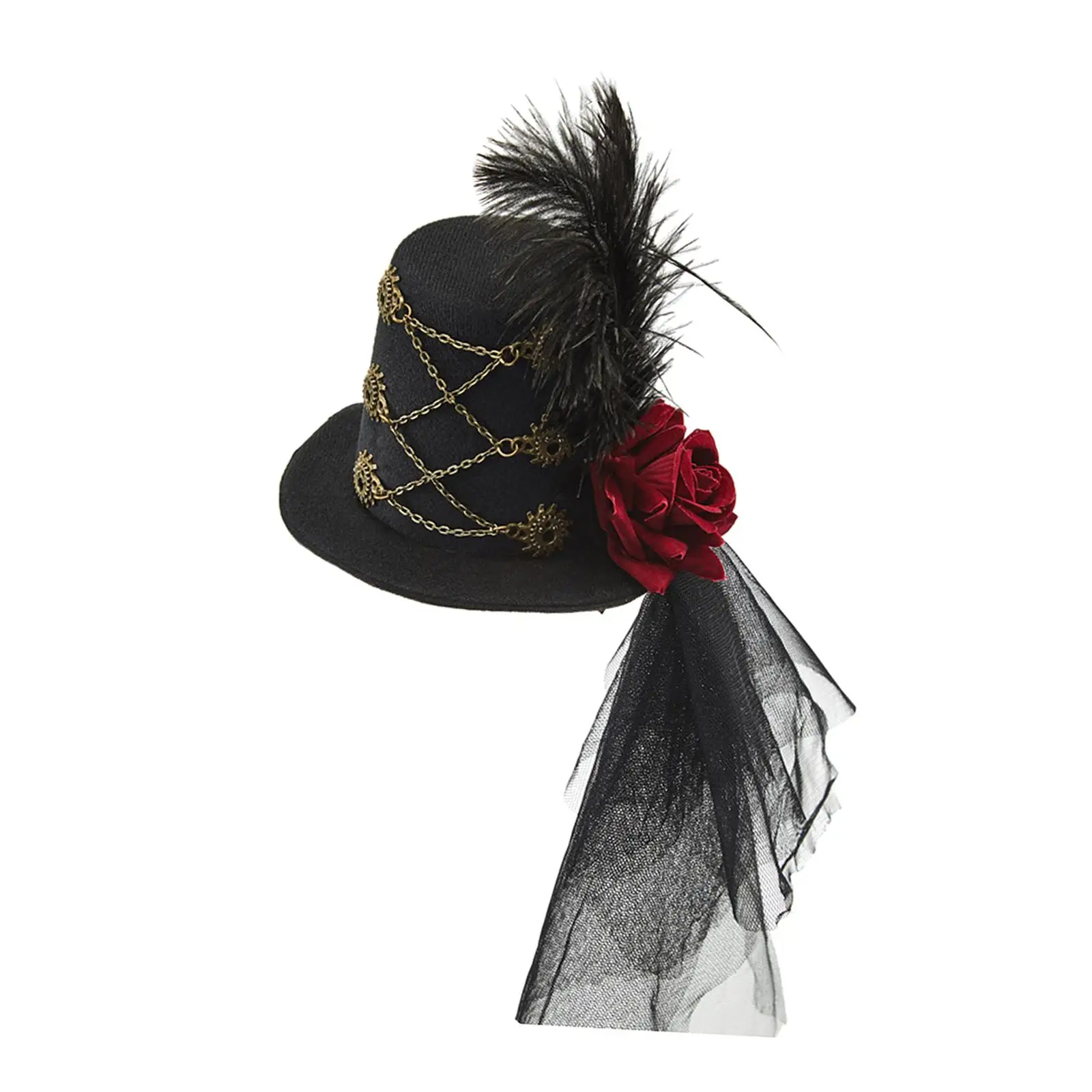 Steampunk Mini Top Hat with Tulle Feather Dress up Metal Gears and Chain Hair