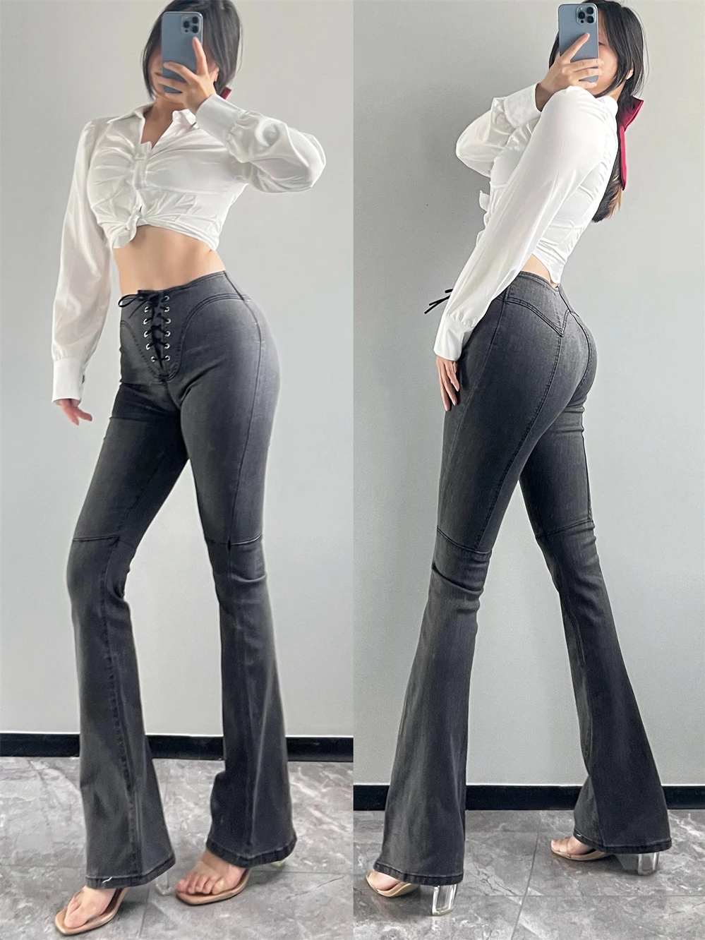 High Waisted Spring/autumn Style Elastic Lace Up Micro Flared Jeans Women Lifted Buttocks Spicy Girl American Style Jeans E57S