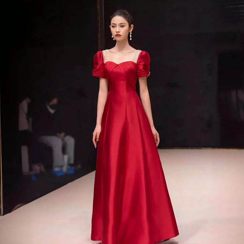 

Red Satin Evening Dress Sexy Backless Engagement Dresses Sweet Pearl Square Collar Floor-Length A-Line Wedding Party Gown