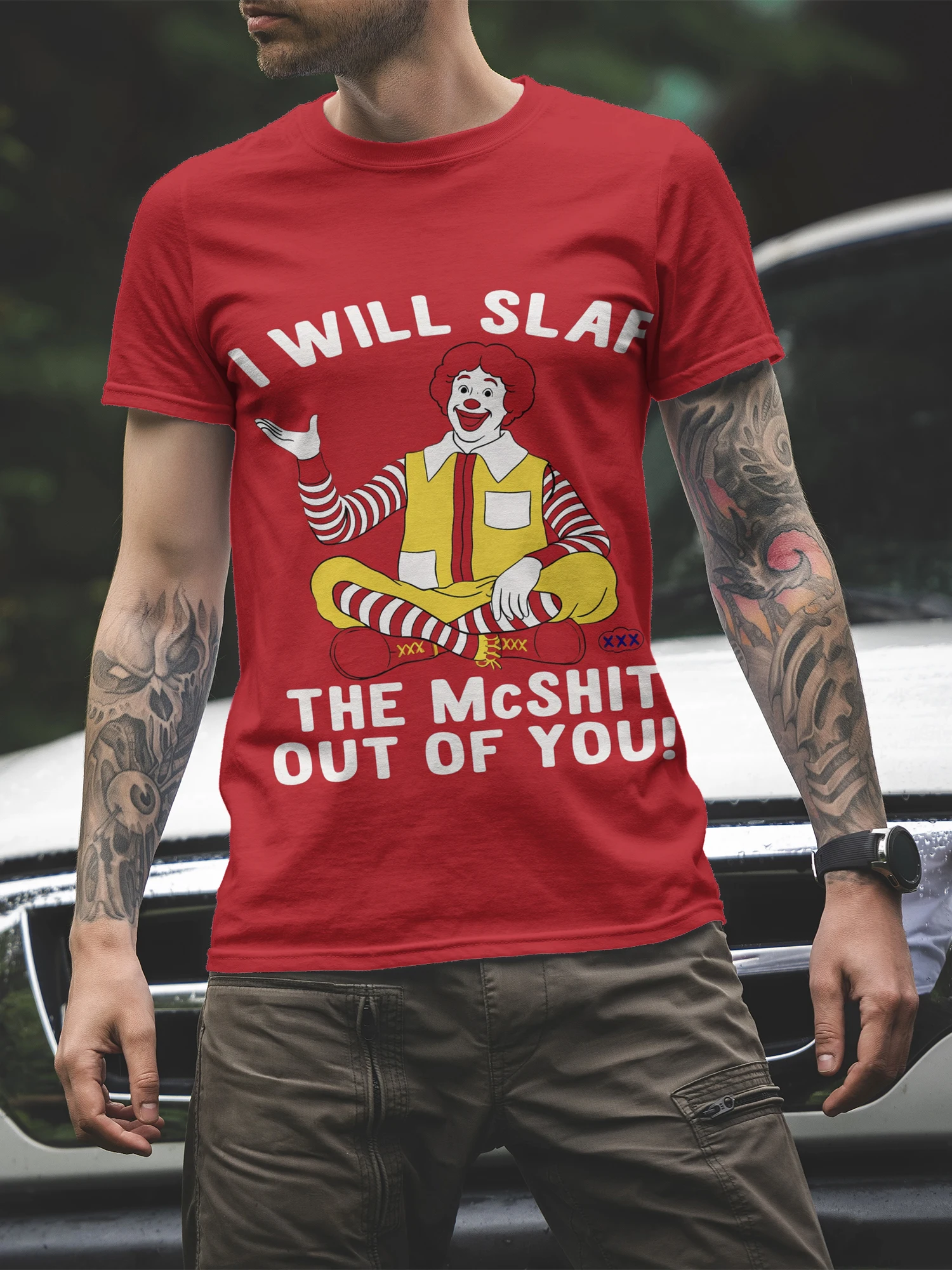 Camiseta divertida para hombre con estampado viral de "McShit Slap" – Parodia de Ronald McDonald, camiseta moderna ideal para regalar o conservar para uno mismo