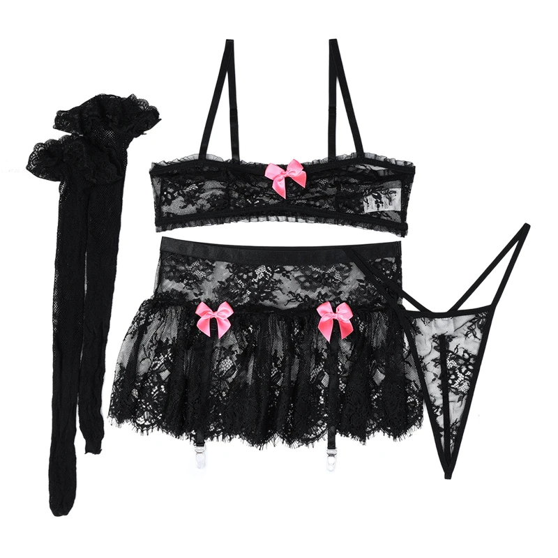 

Women's Sexy Lace Sheer Mesh Erotic Lingerie Set 3 Pieces Includes Bandeau Top, Skirt, Thong, Valentine's Day Gift Private Date