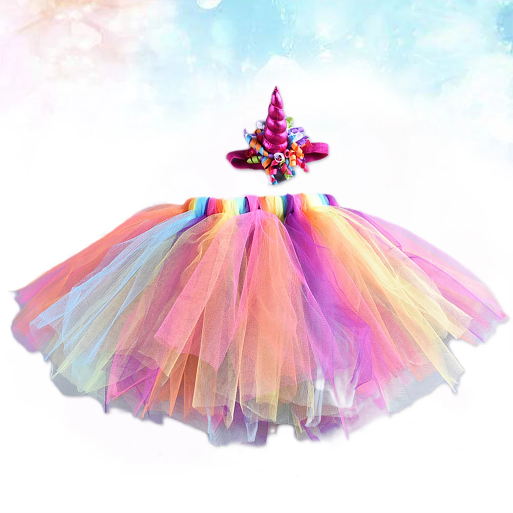 

Children Rainbow Color Tutu Skirt Dress Unicorn Headwear Set Waist 40cm Headband 30cm Dress 15cm Long