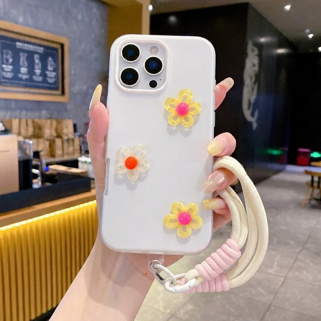 Candy Color With 3D Diy Flower Lanyard Case For iPhone 17 16 15 14 13 12 Pro Max 17 15 Pro 16 15 14 Plus XR Shockproof Cover