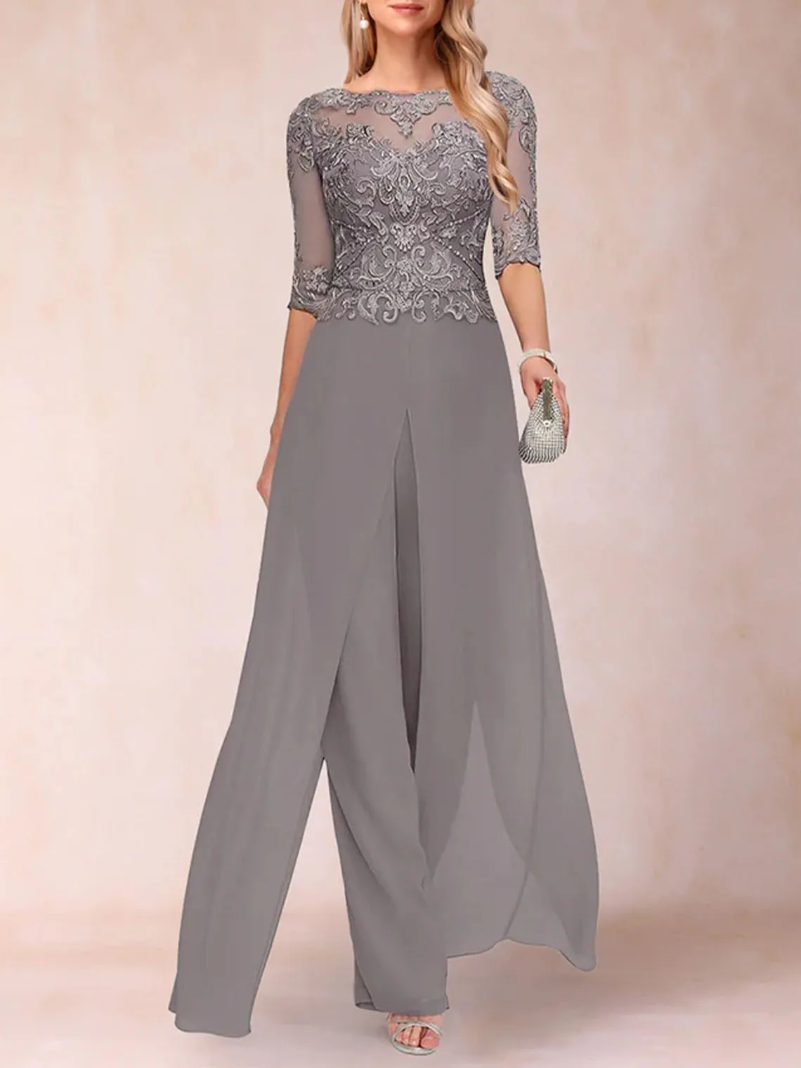 فستان سهرة أنيق مكون من قطعتين بأكمام طويلة من الشيفون ورقبة سكوب بطول الأرض فستان زفاف الضيوف 2025 مخصص مجاني