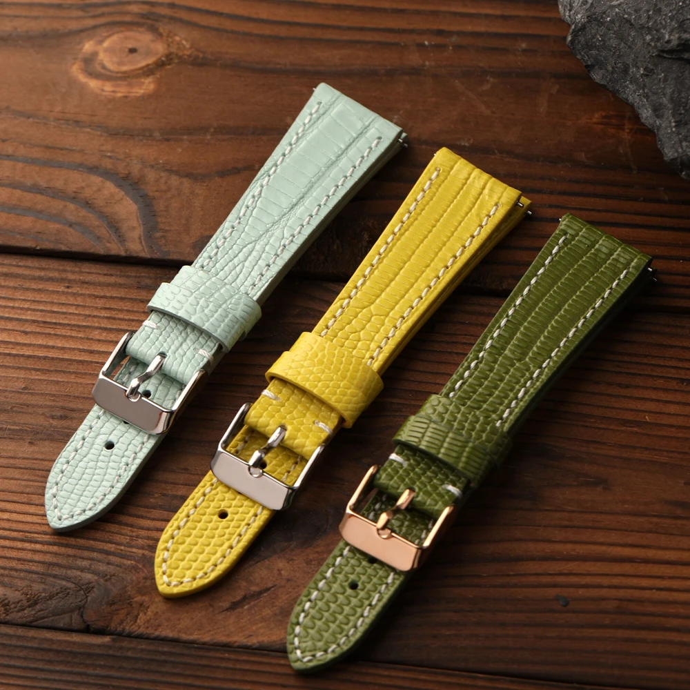 Lizard patterned cowhide strap, 18 19 20 22MM soft high-end leather strap, blue-green yellow retro men bracelet, quick release