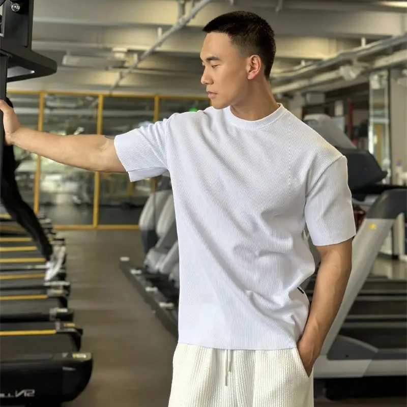 Gym exercise fitness elastic sportswear solid color casual street clothing outdoor round neck short sleeve T-shirt men's top