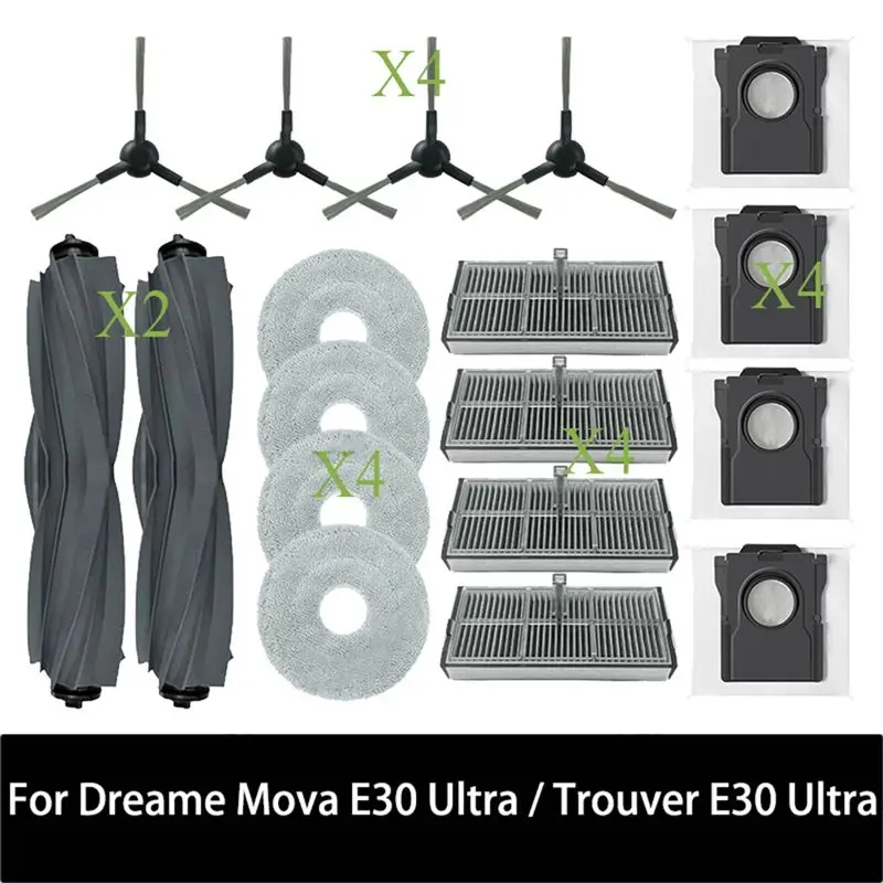 

Запчасти для пылесосов Dreame Mova E30 Ultra / Trouver E30 Ultra: основная роликовая щетка Tricut, боковая щетка, HEPA-фильтр, салфетка для влажной уборки, мешок для сбора пыли.