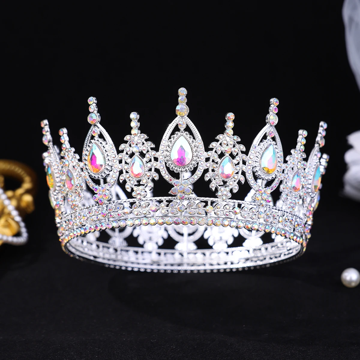 Luxus Kristall Strass Runde Tiaras Und Kronen Prinzessin Königin Diademe Hochzeit Braut Haar Zubehör Frauen Kopf Schmuck