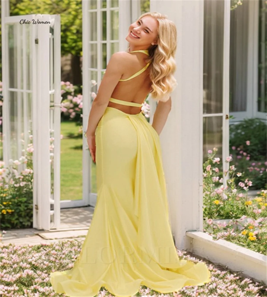 Charming Yellow Prom Dresses Sexy Backless Boho V Neck Holiday Mermaid Evening Dress With Train Elegant Formal Dance Customized