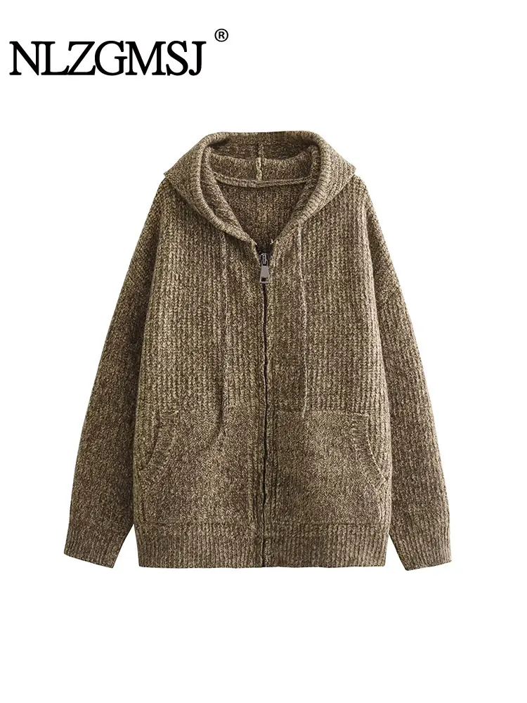 

Nlzgmsj TRAF 2024 Autumn Winter Women Hooded Knitted Coat Vintage Solid Lazy Style Cardigan Pocket Casual Long Knit Shirt