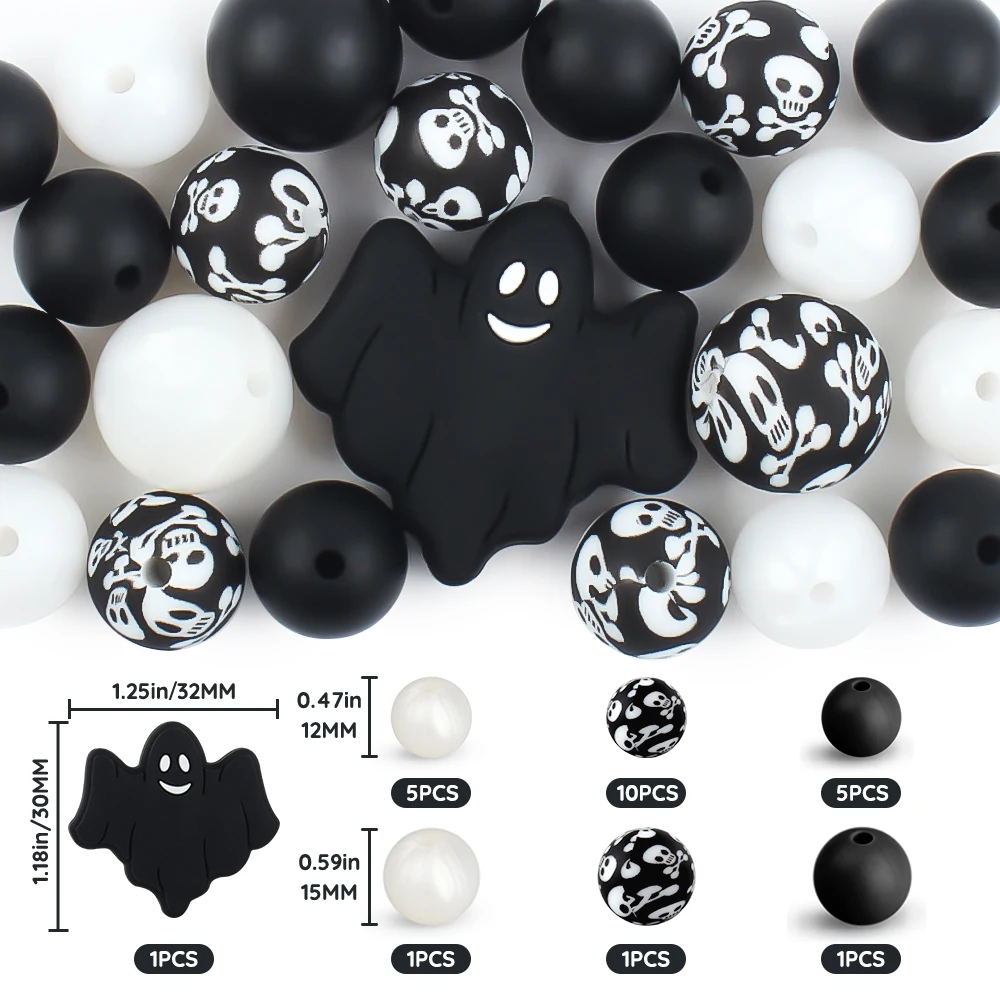 24Pcs/Set Halloween Silicone Beads Set Baby Teething Beads Ghosts Round Bead Teether DIY Pacifier Chain Necklace Pen Accessories