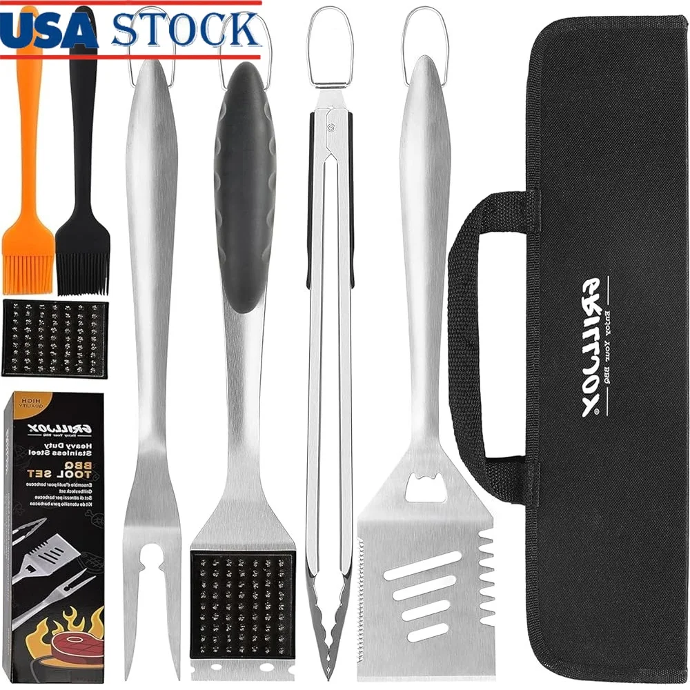 

8PCS BBQ Grill Tools Set Stainless Steel Spatula Fork Tongs Basting Brushes Cleaning Brush Portable Storage Bag Heavy Duty