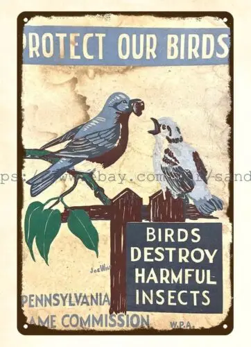 1930s WPA PA Game Commission Protect Our Birds metal tin sign cool art posters