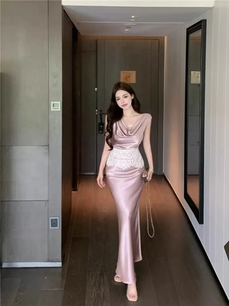 

​​Lace Trim Surplice Sleeveless Vest Mermaid Hem Slip Skirt Women Summer Premium Texture Satin Coordinated Set​​