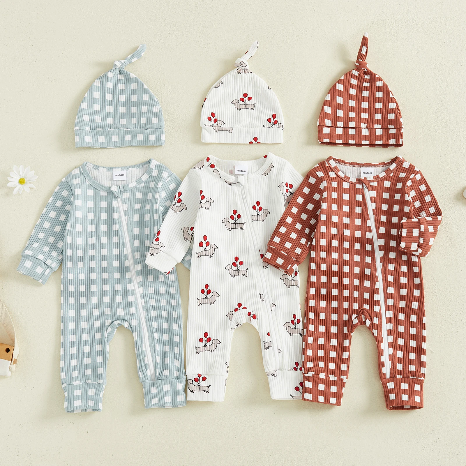 الوليد الطفل الخريف الزي الكلب بالون/منقوشة طويلة الأكمام الرمز البريدي رومبير مع قبعة معقود 2 قطعة مجموعة للرضع بنين بنات