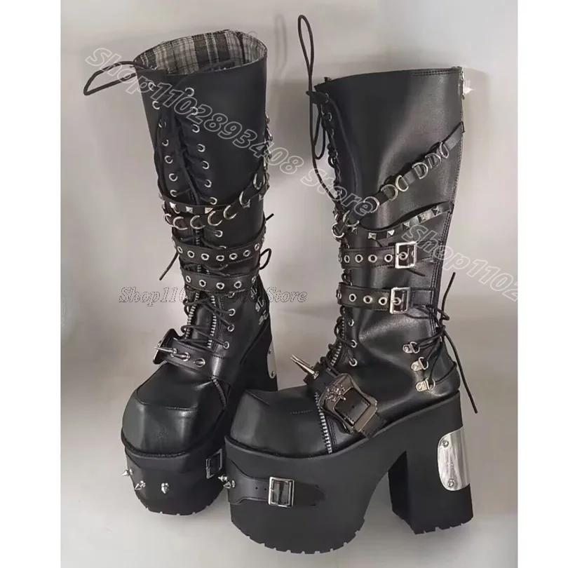 

Black Rivet Decor Buckle Boots Back Zipper Punk Style Chunky Heels New Stylish Women Casual Knee Boots 2025 Zapatos Para Mujere