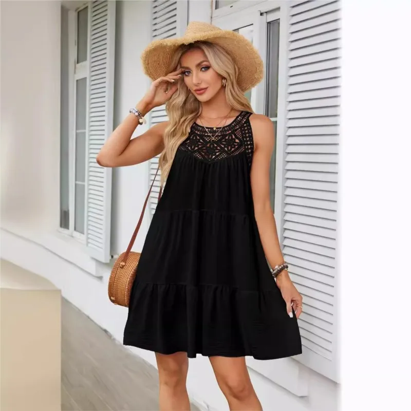 2025 bohème femmes grande taille robe en dentelle décontracté col rond sans manches à volants Mini robe couleur unie plage réservoir surdimensionné robe ample