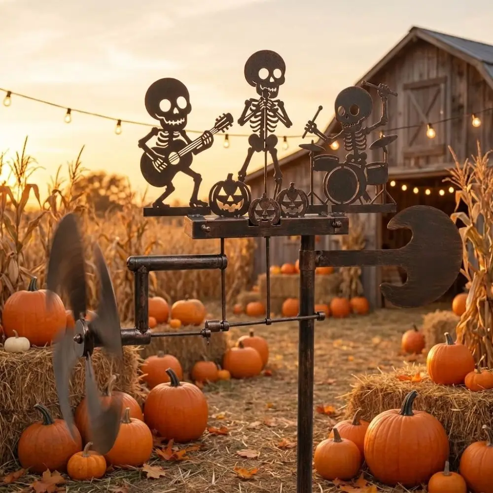 Rotating Halloween Skeleton Metal Drummer Wind Heavy Duty Wind-Powered Musical Skull Garden Stake Spooky Artistic
